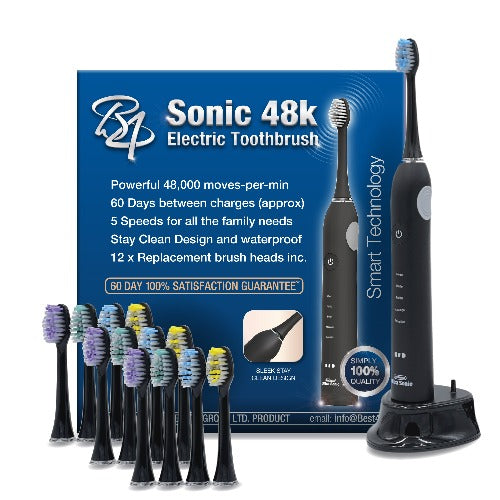 Sonic 48K Electric Toothbrush - Includes 12 x Brush Heads (Black)