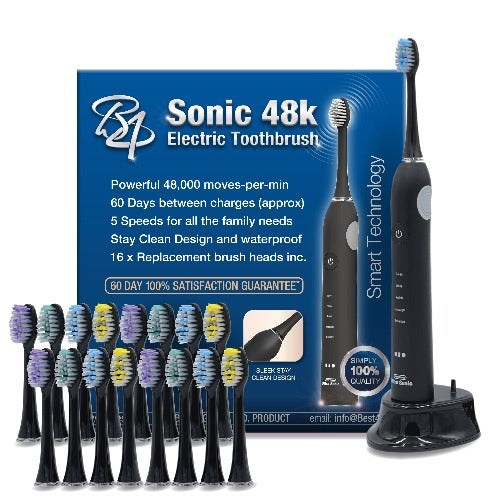 Sonic 48K Electric Toothbrush - Includes 16 x Brush Heads (Black)
