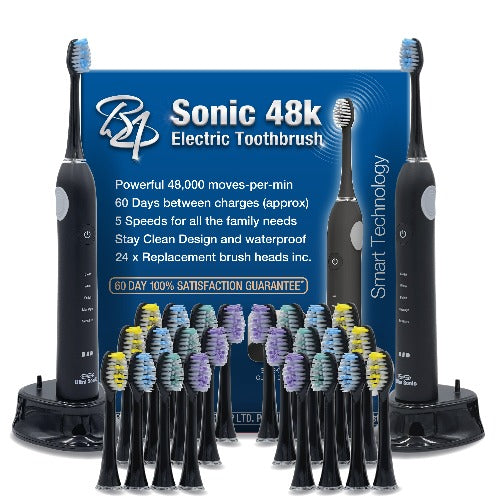 Sonic 48K Twin Pack Electric Toothbrush's - Includes 24 x Brush Heads (Black)