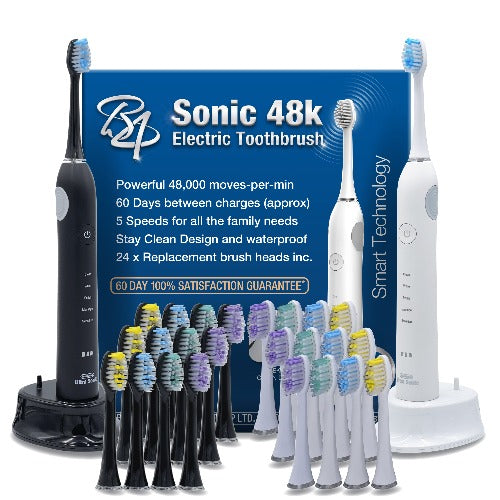 Sonic 48K Twin Pack Electric Toothbrush's - Includes 24 x Brush Heads (Black+White)