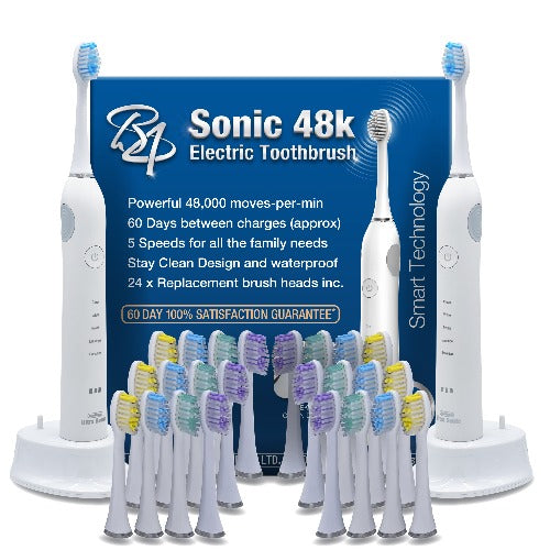 Sonic 48K Twin Pack Electric Toothbrush's - Includes 24 x Brush Heads (White)