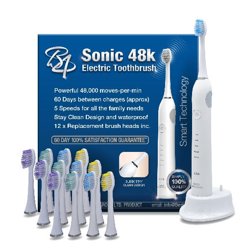Sonic 48K Electric Toothbrush - Includes 12 x Brush Heads (White)