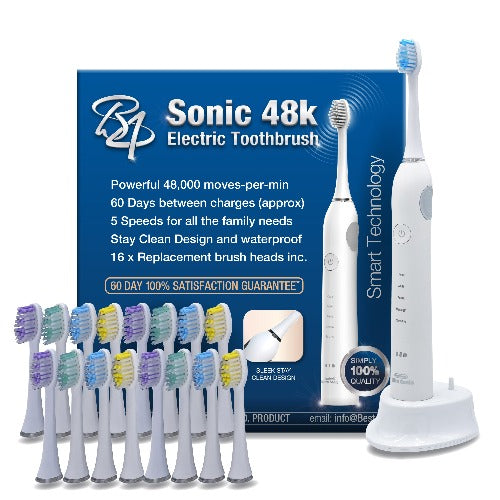 Sonic 48K Electric Toothbrush - Includes 16 x Brush Heads (White)
